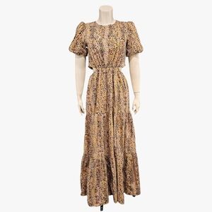 WAYF Plaza Leopard Print Cutout Puff Sleeve Tiered Maxi Dress S